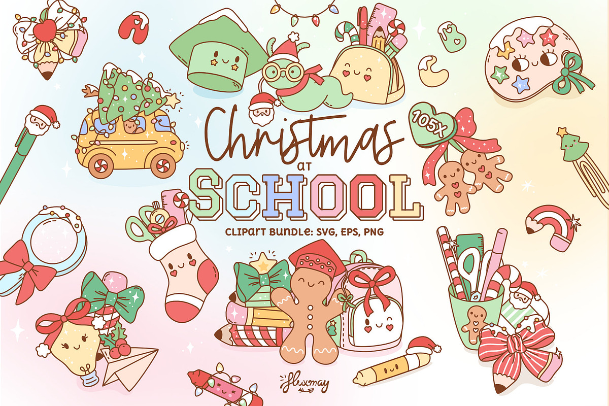 Cute Christmas School Clipart Bundle, an Education Illustration by Huxmay (Photo 1 of 7)