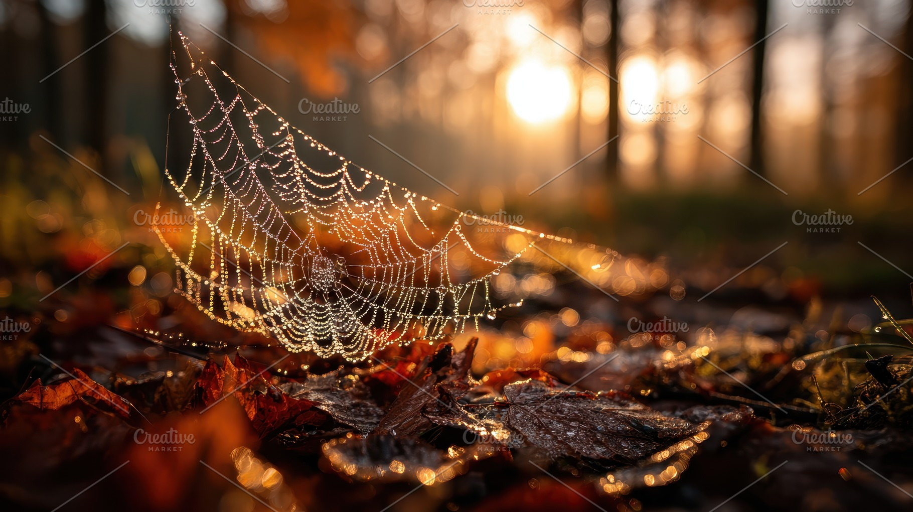 Dew-kissed spiderweb autumn sunrise, a Photo by Pixeness Studio