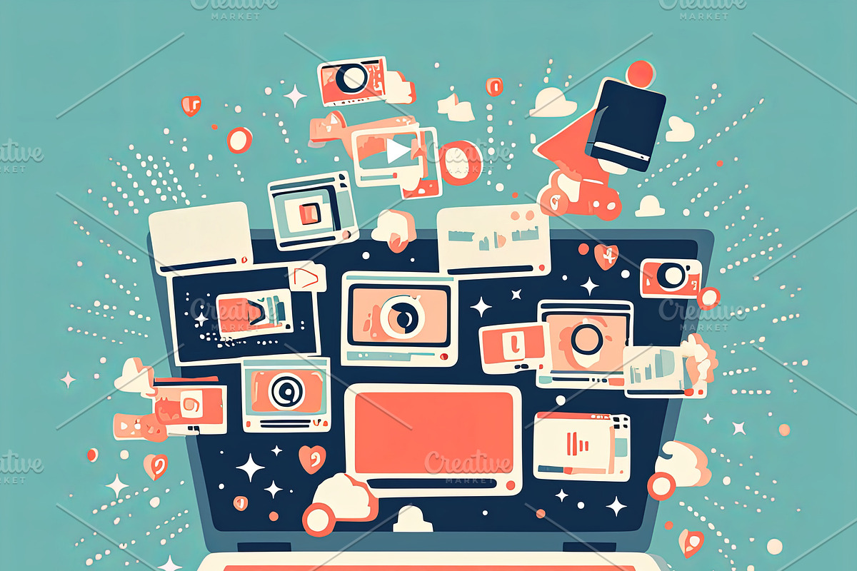 Digital content management on laptop with floating icons and online media eleme, an Illustration by AS photostudio