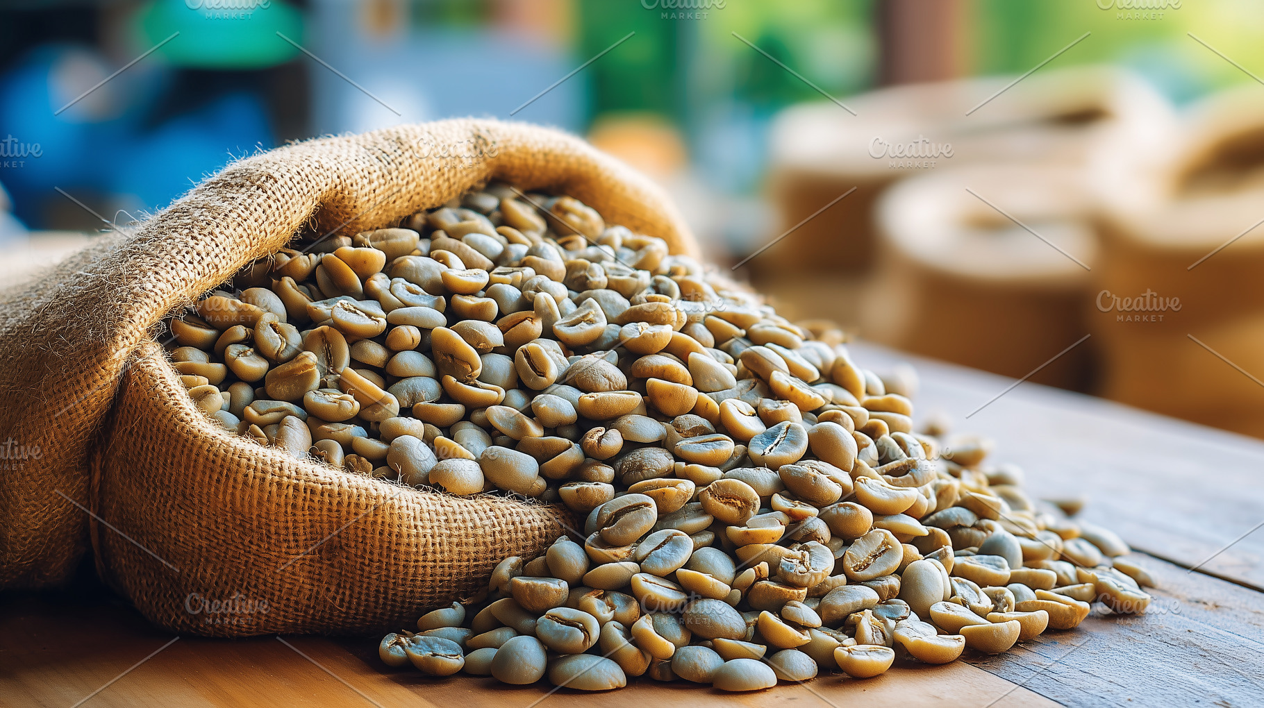 Burlap sack overflows with unroasted, a Food & Drink Photo by MistyDay