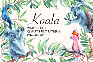 Watercolor koala, parrot, kangaroo.