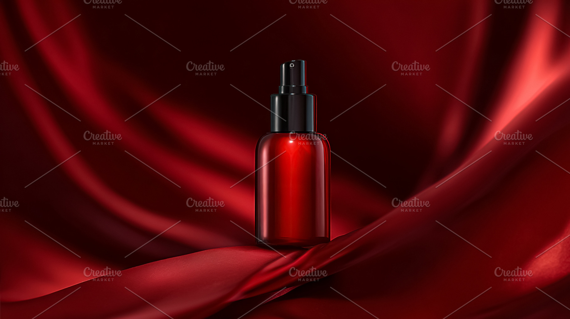 Red cosmetic bottle on draped silk fabric showcasing a luxurious, a Photo by Studio ANNA