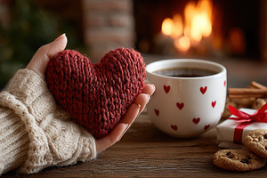 Cozy winter scene knitted heart warm, a Photo by Pixeness Studio