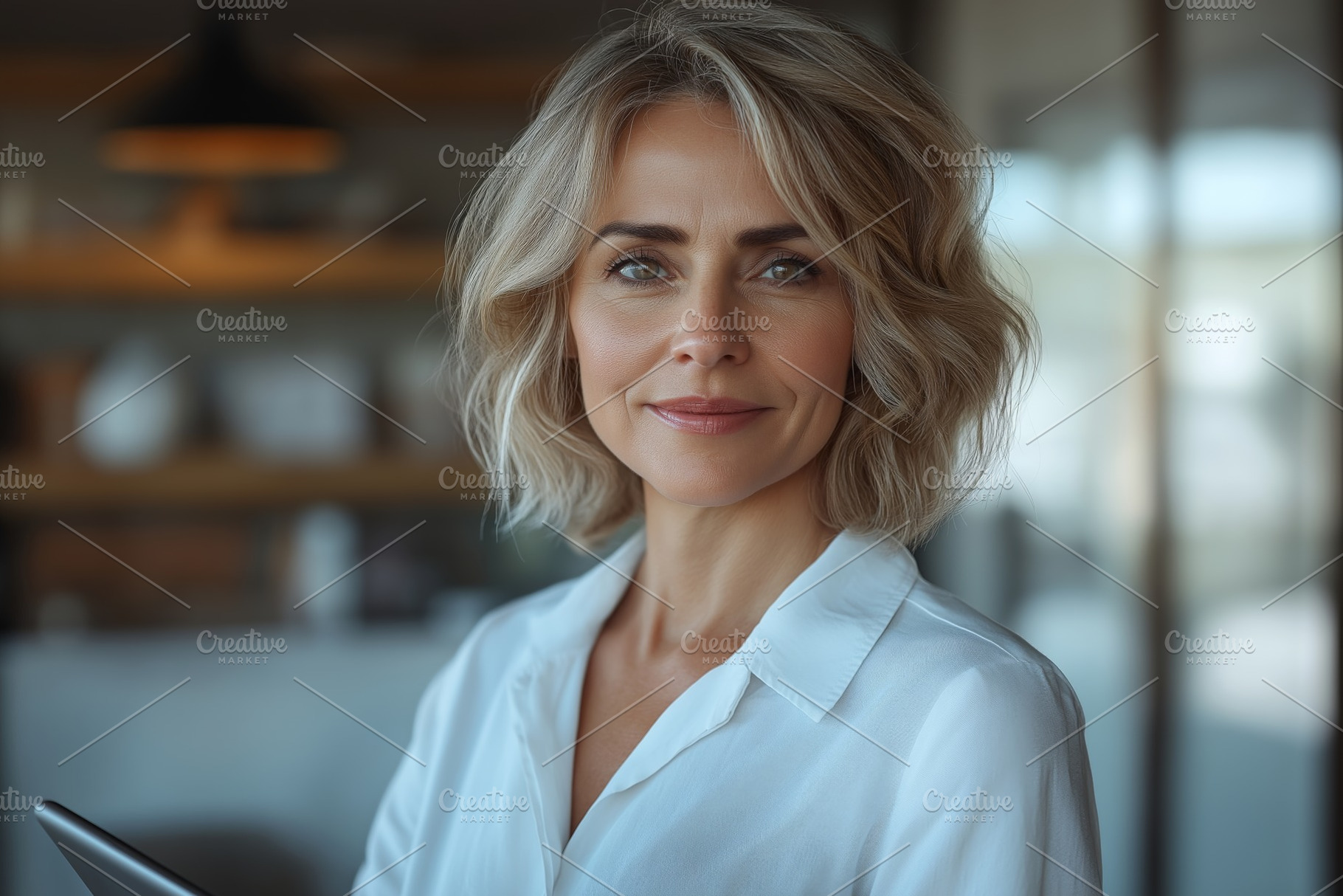 A confident middle-aged woman with blonde hair smiles warmly, holding a tablet,, a Person Photo by ImageMir