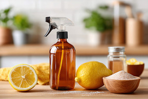Home cleaning supplies with glass spray bottle and natural ingredients on a kit, a Food & Drink Photo by AlyaAnd