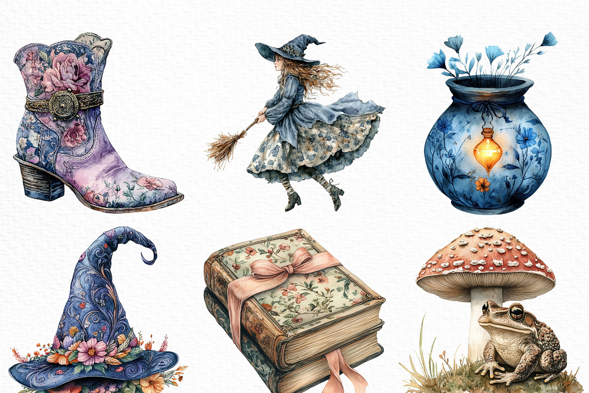 Watercolor Toile Witch Clipart, an Illustration by Craft Nest (Photo 3 of 6)