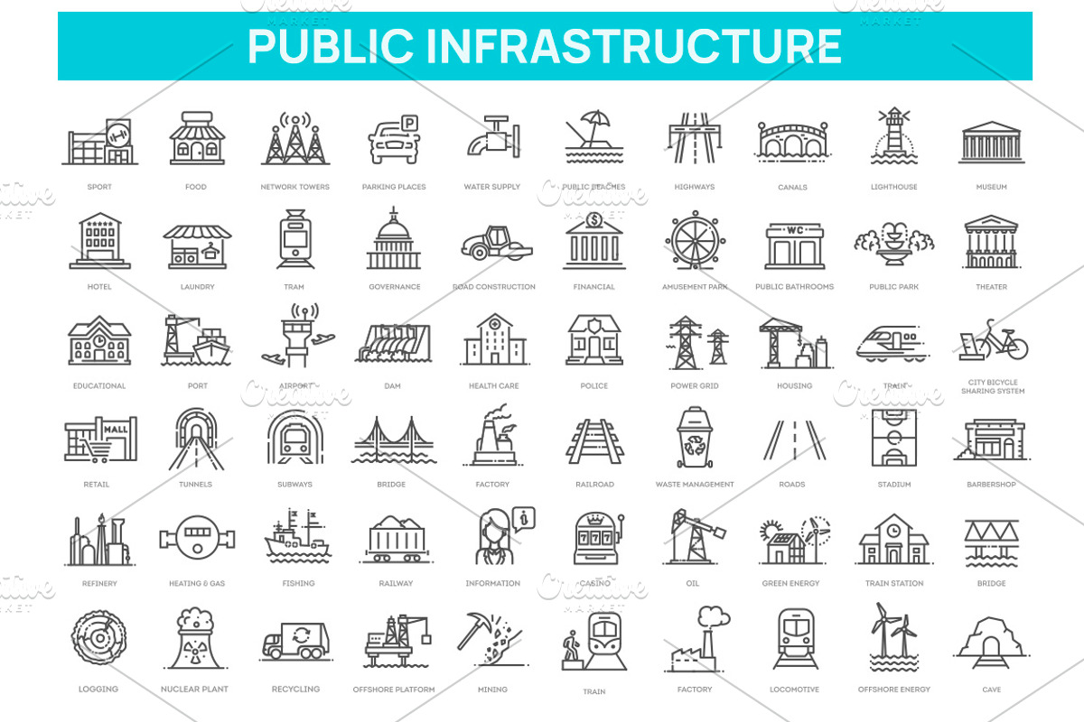 Public Infrastructure Icons, an Outline Icon by Tettygreen (Photo 1 of 2)
