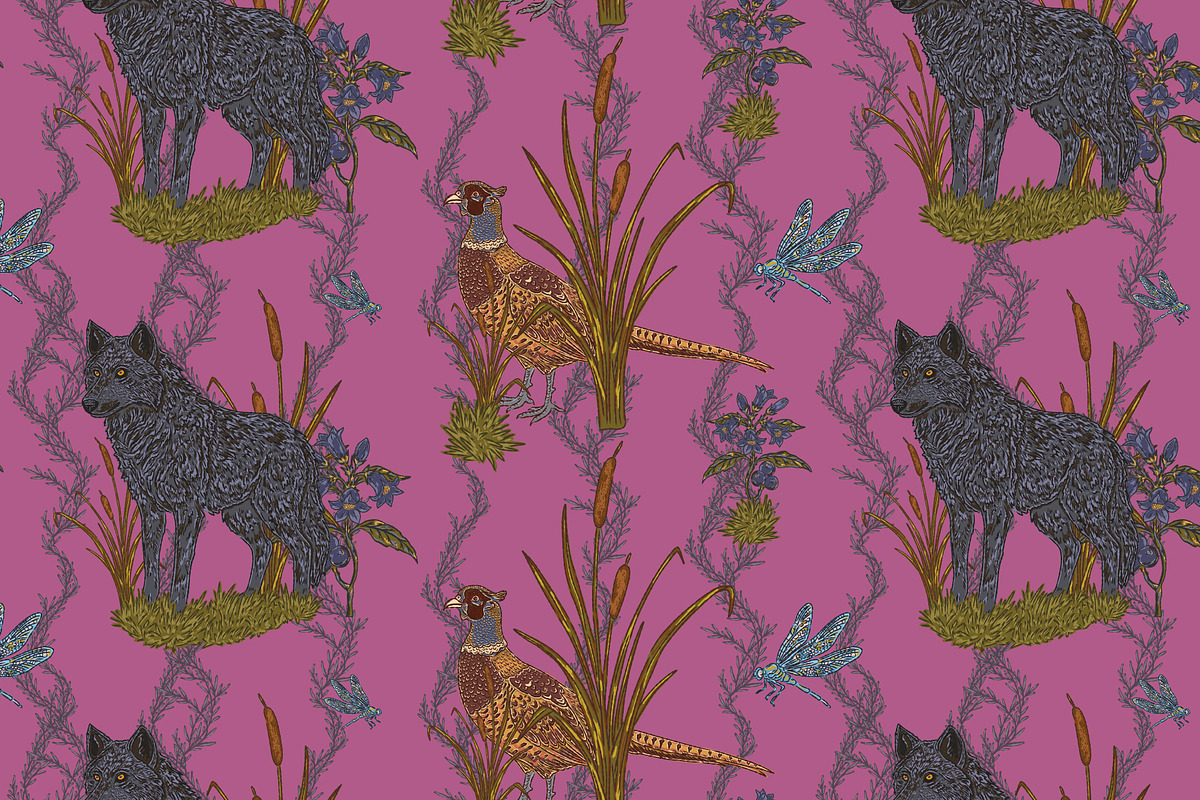 Wolf, Pheasant, Dragonfly, a Pattern Graphic by NayaChu (Photo 3 of 9)
