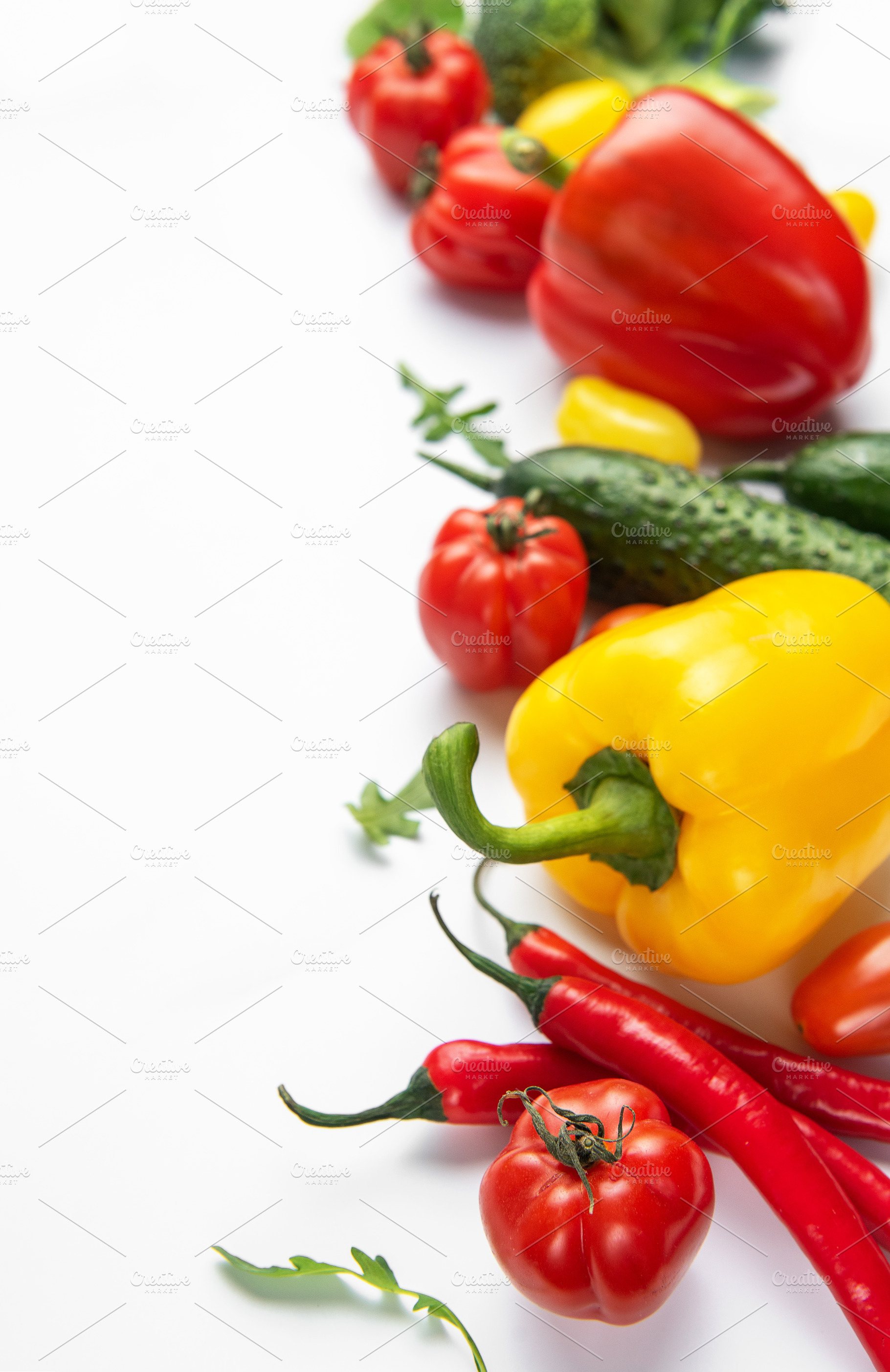 Fresh vegetables border for healthy food concept, a Food & Drink Photo by Olena Rudo