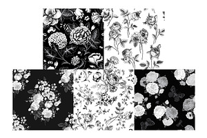 Set Of Vintage Floral Pattern B & W