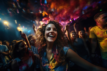 Portrait of happy young woman dancing in front of her friends at, a Person Photo by AS photostudio