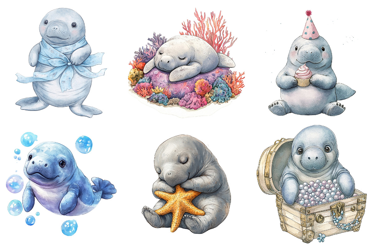 Cute Baby Watercolor Manatees png, an Illustration by Watercolor design (Photo 5 of 5)