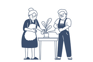 Doodle old woman planting. Happy, a Person Illustration by LadadikArt