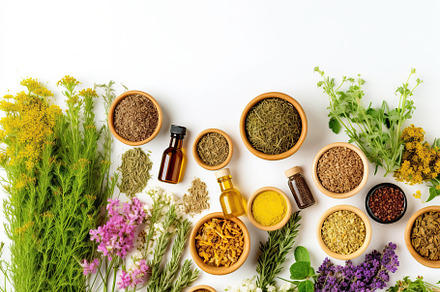 Herbs, natural medicine and oil in bottles. Generative AI, a Health & Medical Photo by AlyaAnd