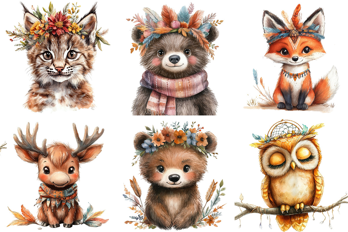 Boho Woodland Animals Watercolor Cli, an Illustration by Watercolor design (Photo 2 of 4)