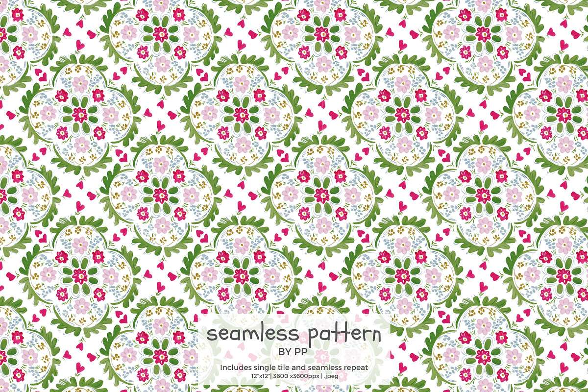 romantic folk tile pattern, a Pattern Graphic by Pink Studio Art (Photo 1 of 4)