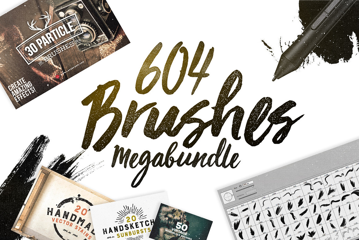 604 Photoshop Brushes Megabundle, a Brush Add-On by Layerform Design Co. (Photo 1 of 3)