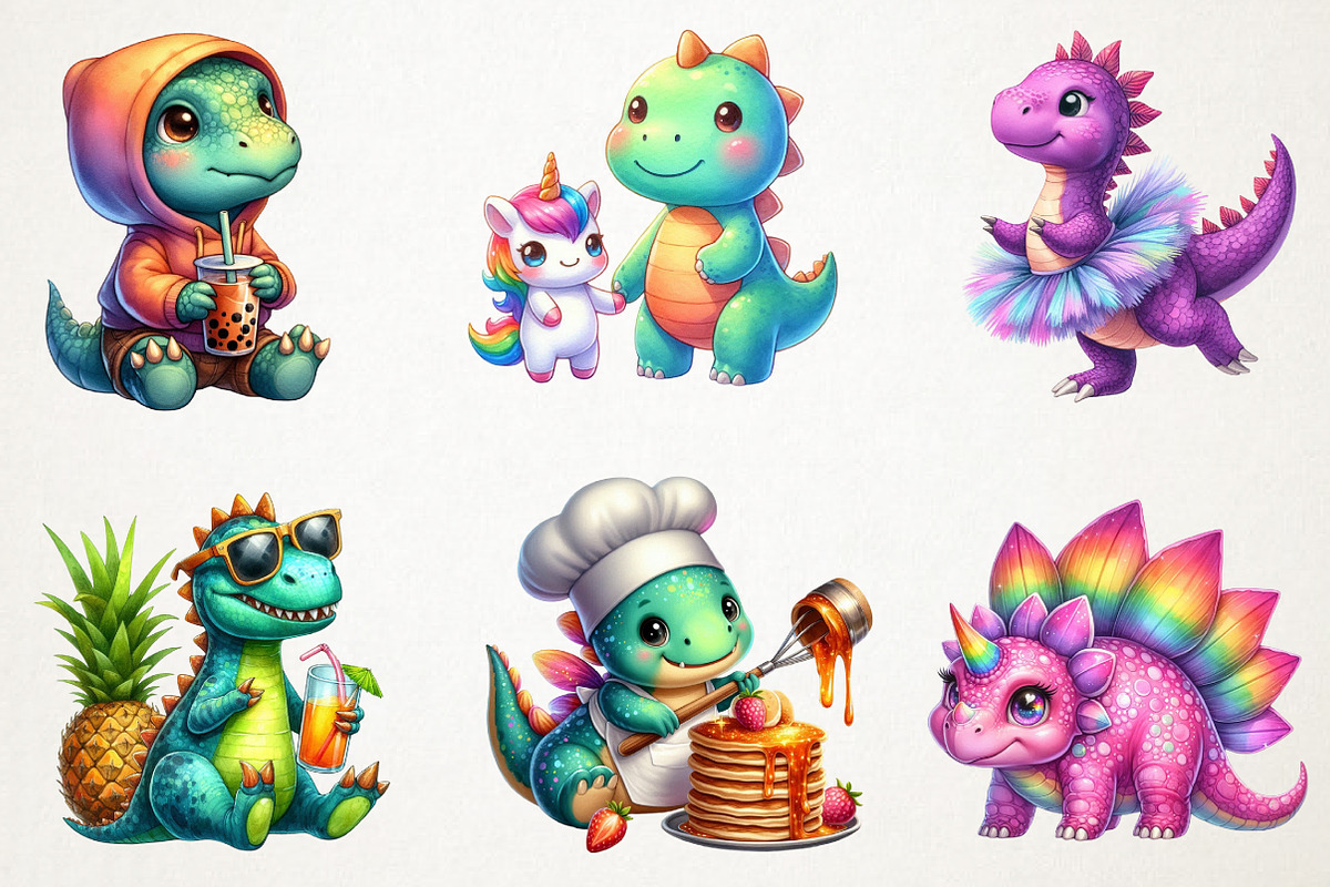 Kawaii Dinosaurs Watercolor Clipart, an Illustration by RobertsArt (Photo 4 of 7)