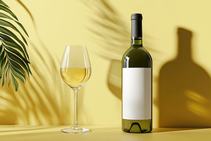 Blank label wine bottle and glass against a vibrant yellow backg, a Food & Drink Photo by AlyaAnd