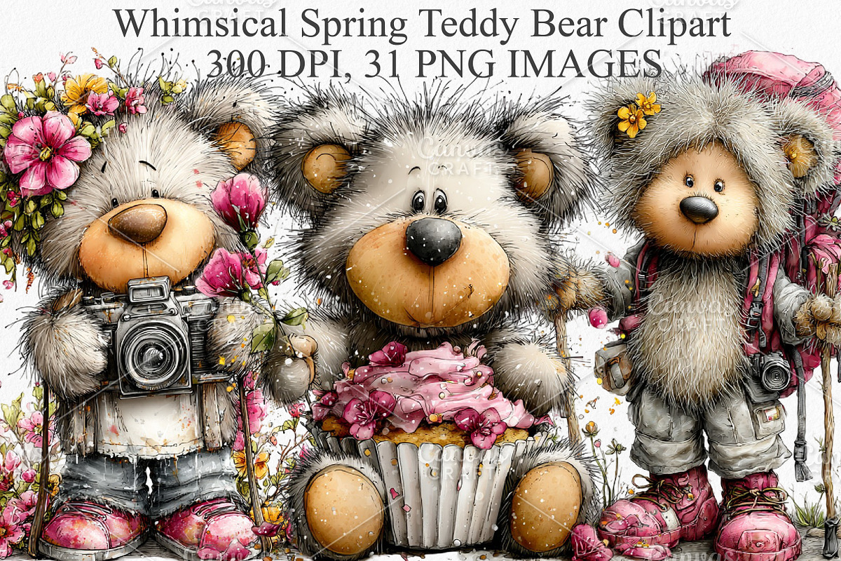 Whimsical Spring Teddy Bear Clipart, an Illustration by Canvas Craft (Photo 1 of 7)