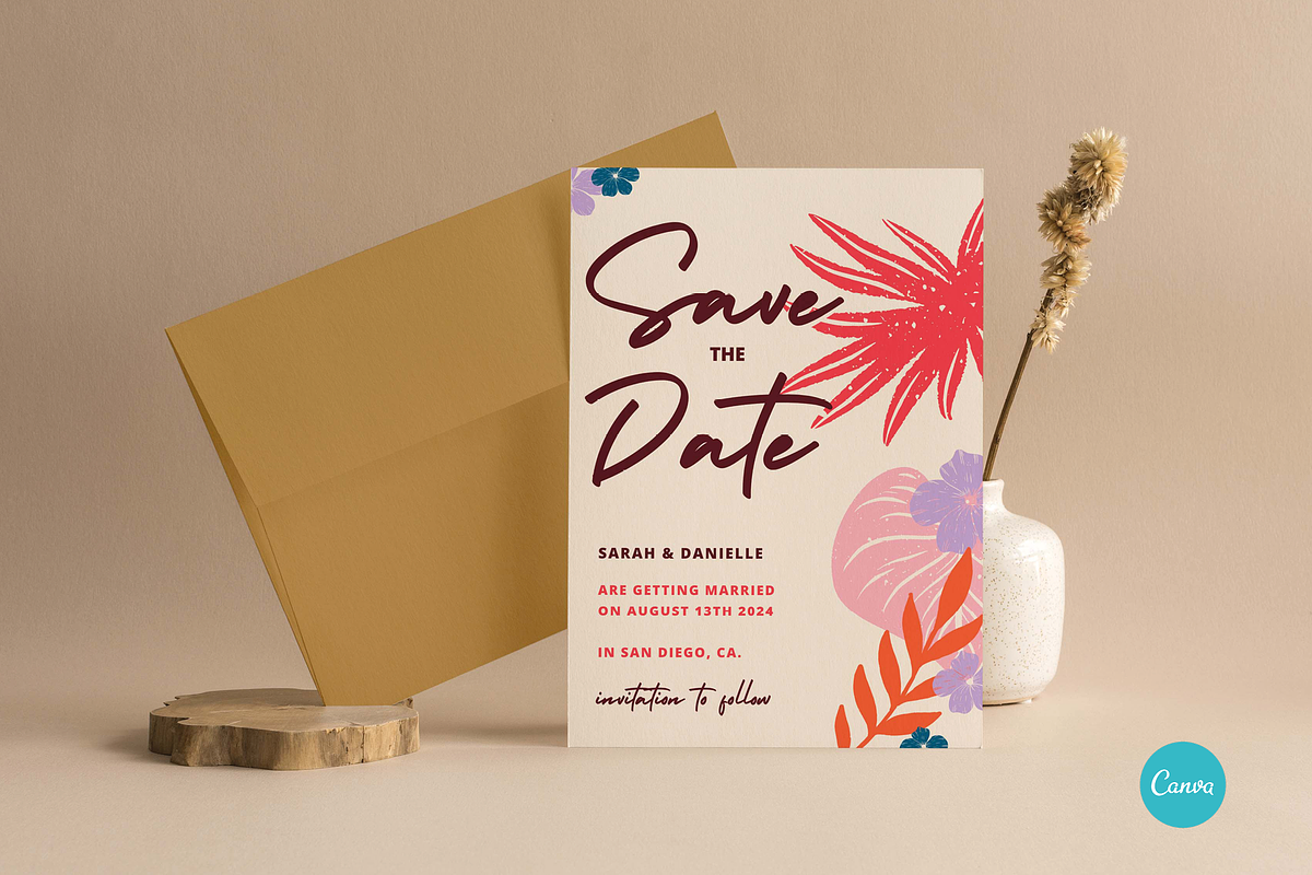 Tropical Floral Save The Date CANVA, an Invitation Template by StudioVonBraitenberg (Photo 2 of 9)