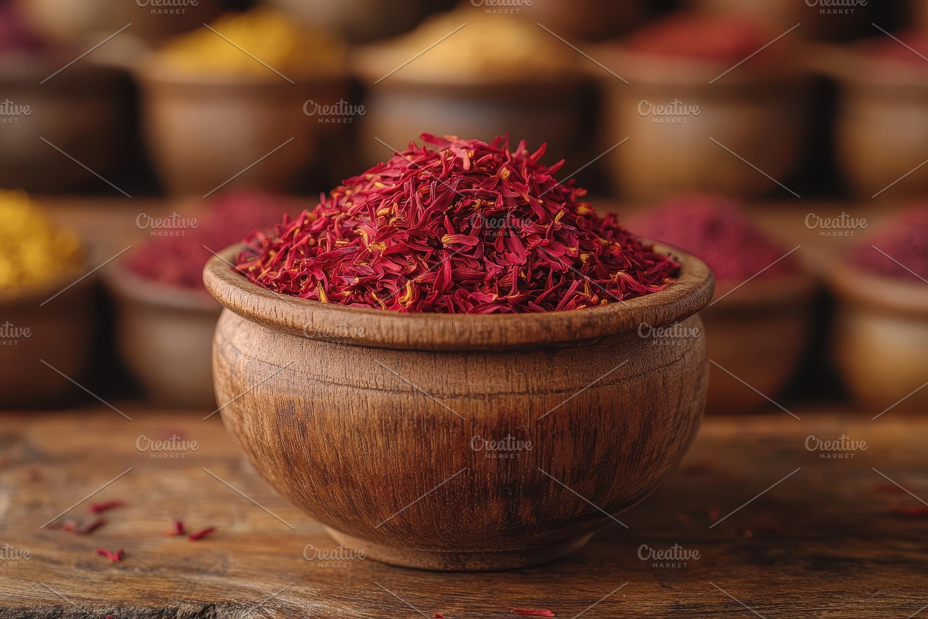 Saffron spice in wooden bowl with vi, a Photo by Tanuart
