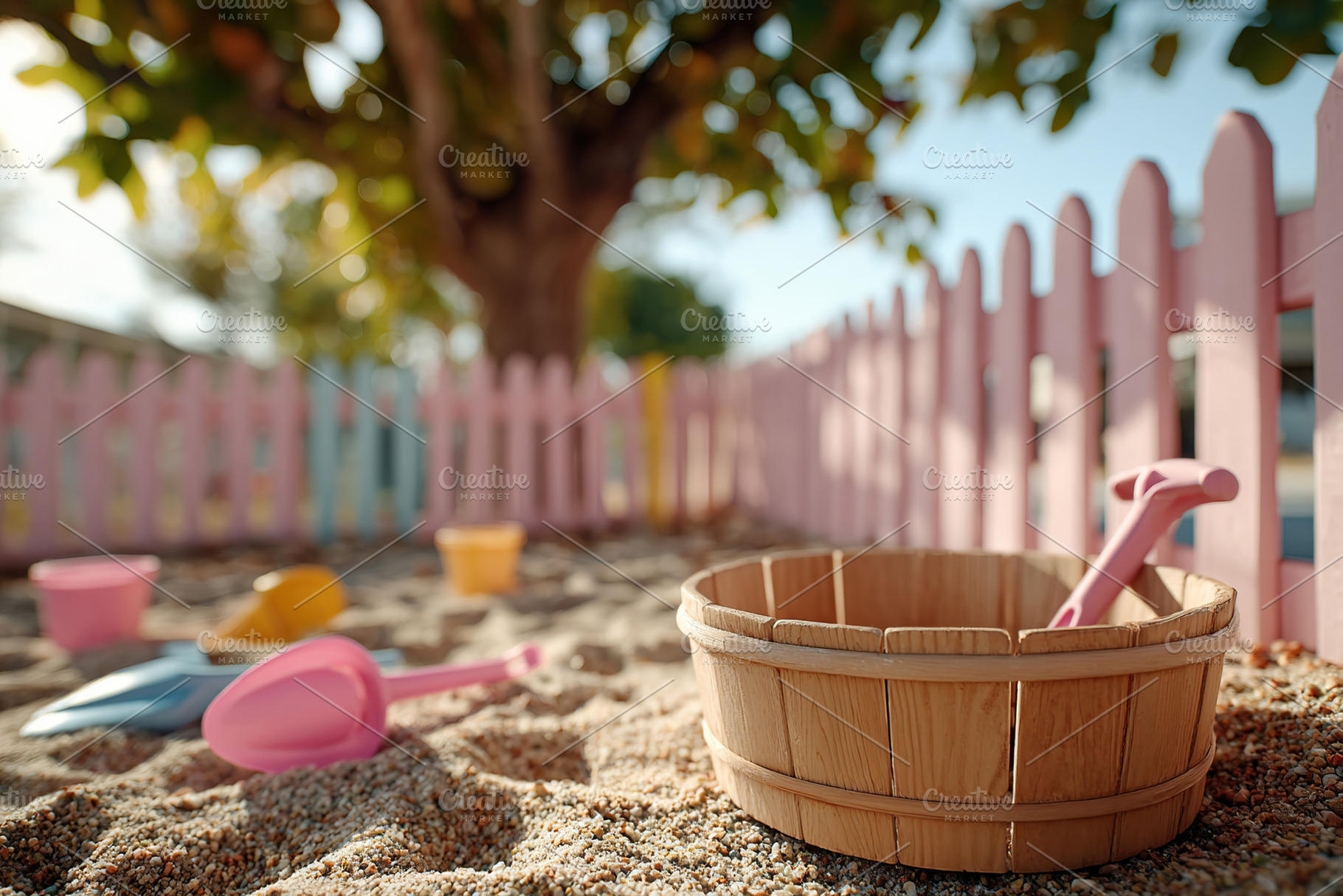 Playtime at the sandy playground with colorful toys and a sunny tree backdrop, a Photo by AlyaAnd