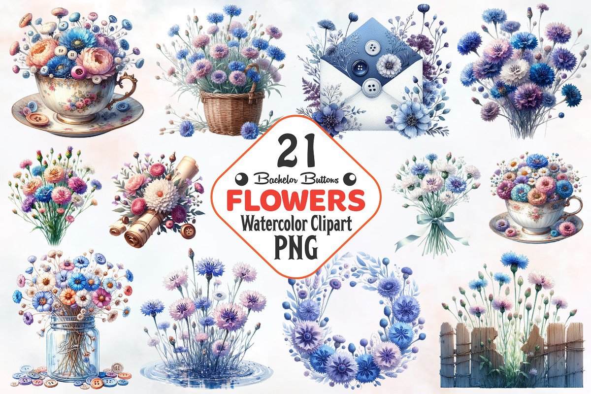 Bachelor Buttons Flower Cliparts, an Illustration by RobertsArt (Photo 1 of 7)