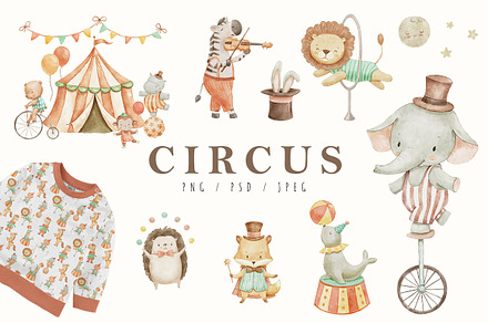 Watercolor Circus Animals Clipart, an Illustration by ElenaPlatovaArt