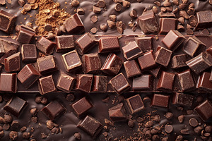 An assortment of dark chocolate squares and chips arranged artis, a Food & Drink Photo by ImageMir