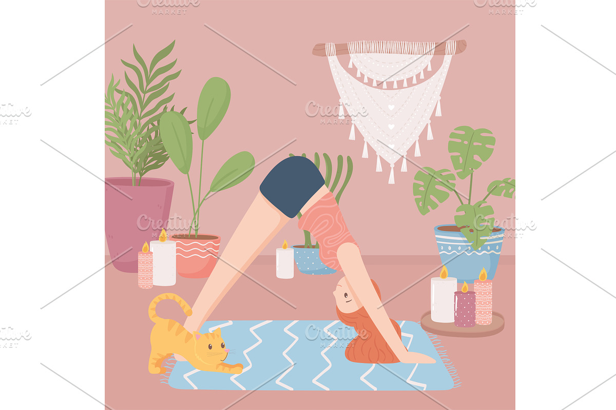 woman making yoga with a cat, an Animal Illustration by studiogstock