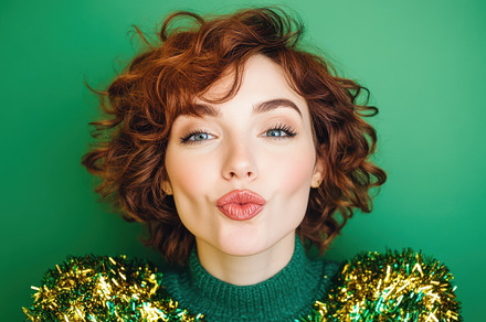 Woman blowing a kiss with playful expression, wearing green and gold tinsel for, a Holiday Photo by Mashimara