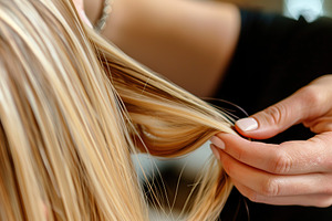 Hairdresser making hairstyle for woman in beauty hair salon, a Photo by AlyaAnd