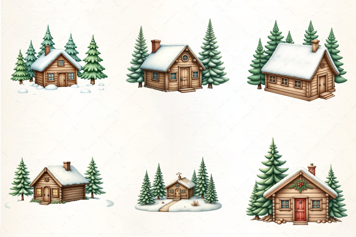 Winter Cabin with Pine Trees Clipart, an Illustration by CrexoraLab (Photo 4 of 5)