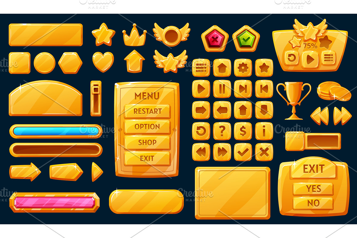 Golden interface game buttons, an Object Illustration by Vector Tradition