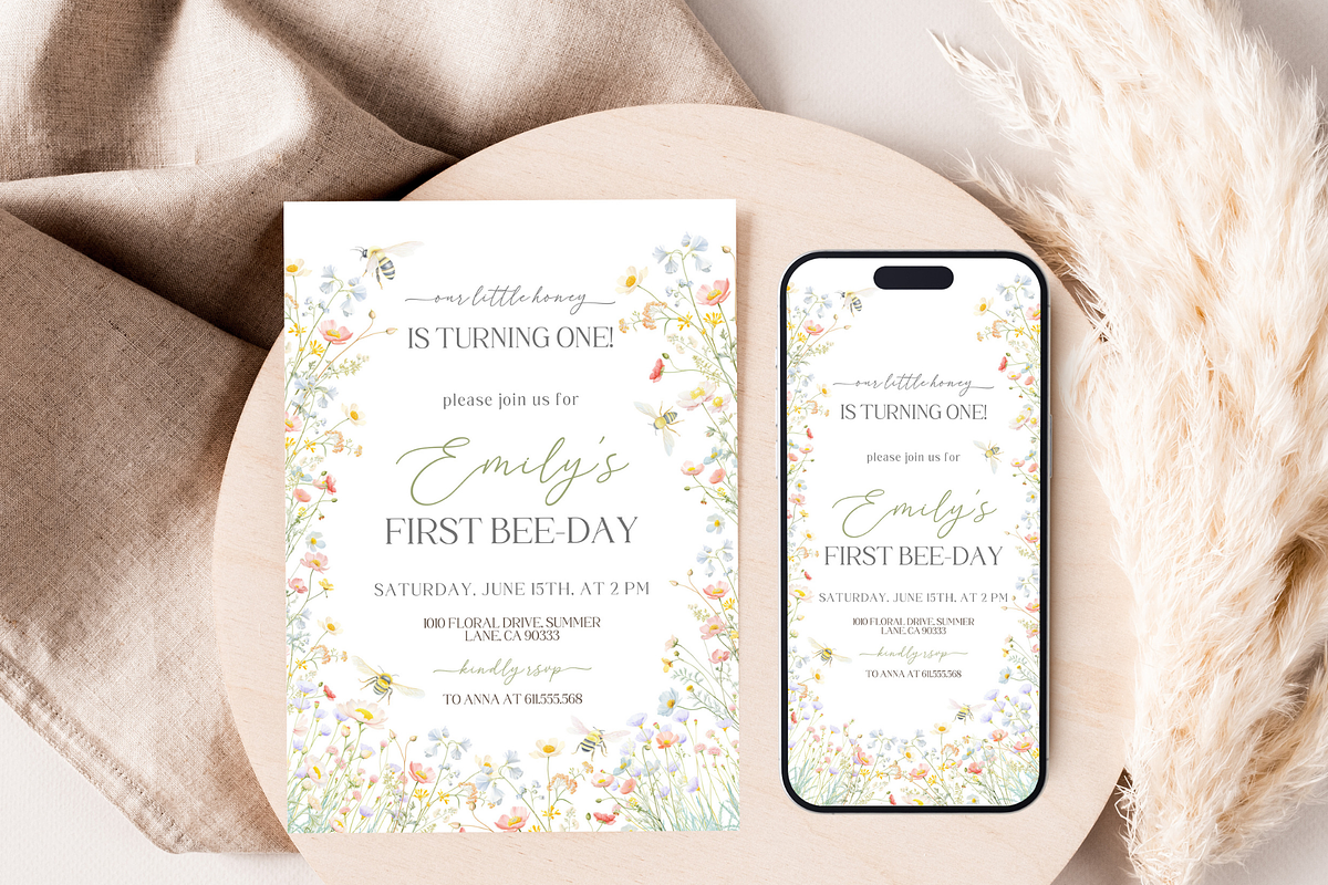 Editable Bee Day 1st Birthday Bundle, an Invitation Template by Digital_Mind (Photo 9 of 9)