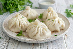 Homemade meat khinkali in plate on wooden table, a Food & Drink Photo by AlyaAnd