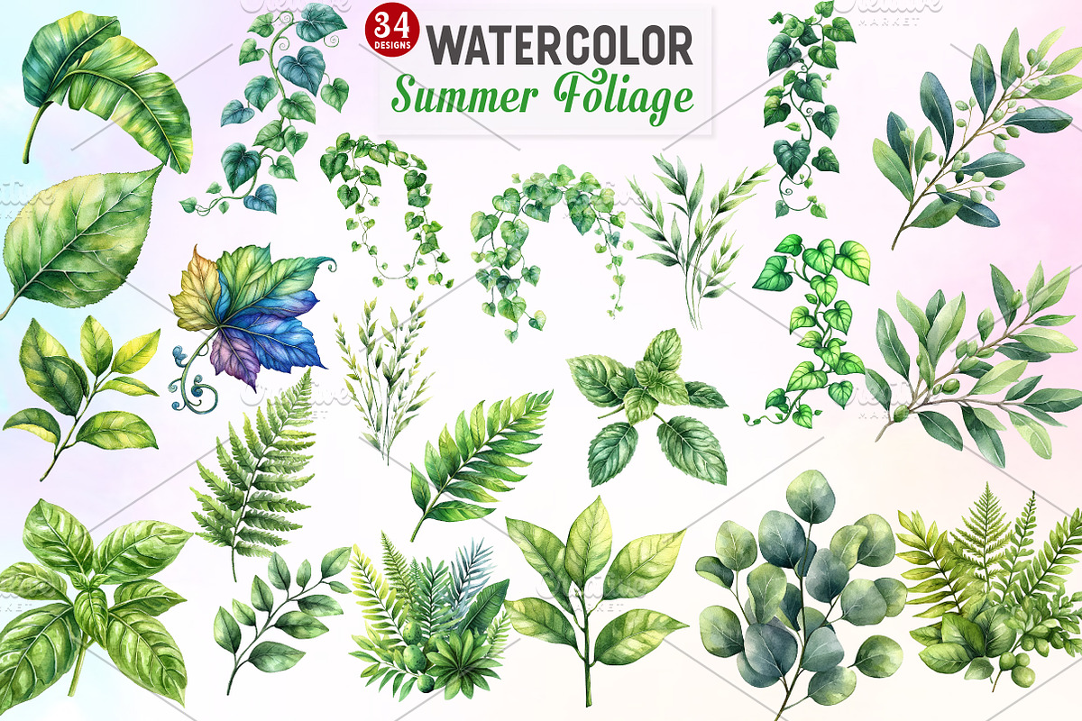 Green Summer Foliage Clipart, an Illustration by Watercolor design (Photo 1 of 10)