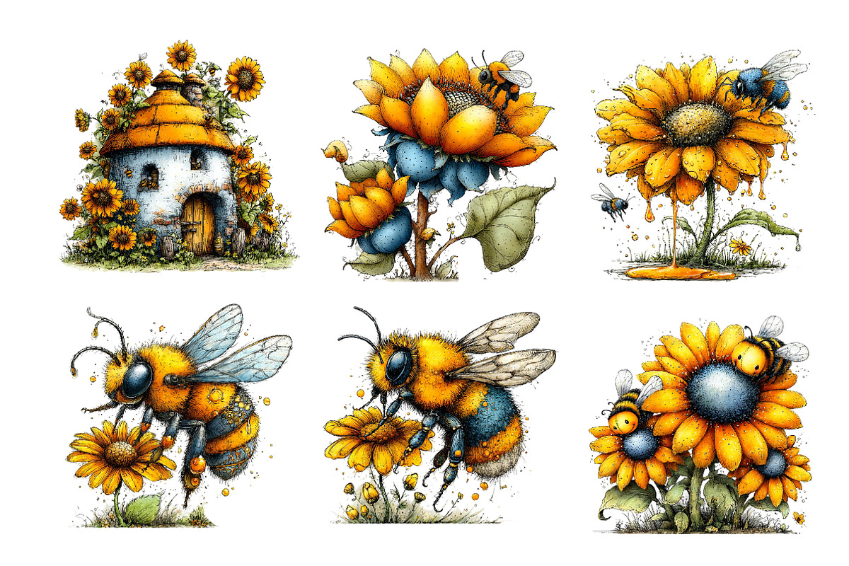 Whimsical Bee Sunflower Clipart, a Seasonal Illustration by Designworld (Photo 4 of 9)