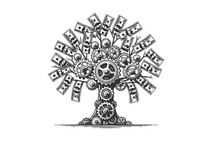 Mechanical money tree with gears and, a Finance Illustration by AlexArt