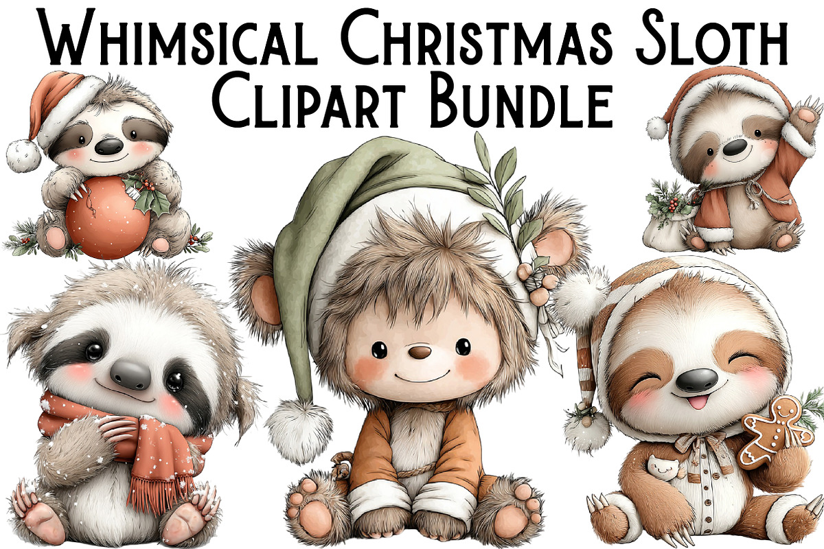 Whimsical Christmas Sloth Clipart, an Illustration by Pixels.Craft (Photo 1 of 6)
