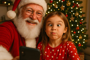 Santa Claus laughs taking a selfie with silly young girl, a Holiday Photo by GoodGoods