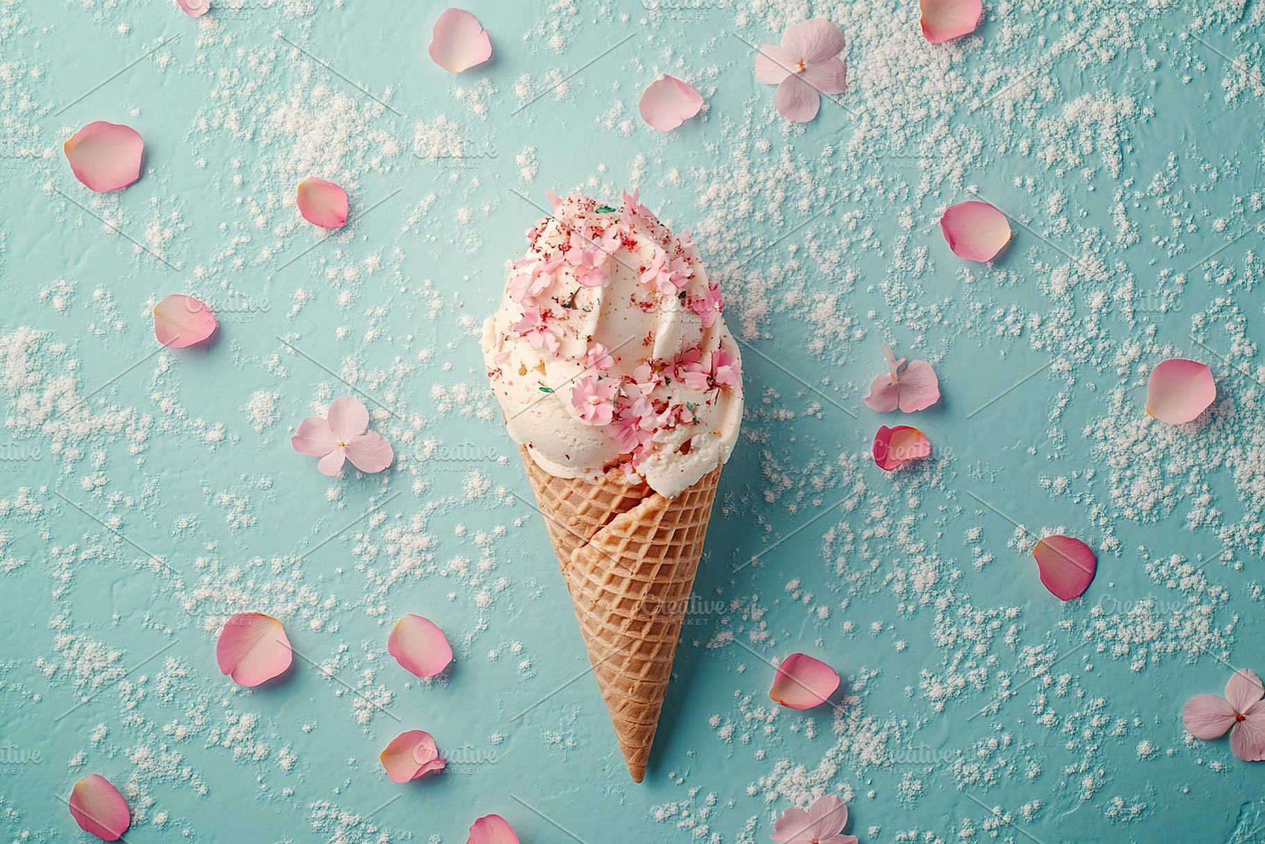 Waffle cone with ice cream and flowers petals on blue background, a Photo by AlyaAnd
