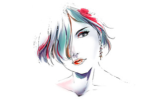 Watercolor Fashion Portrait Of Girl