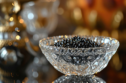 A glass bowl filled with black beads, a Photo by Iftikhar Alam
