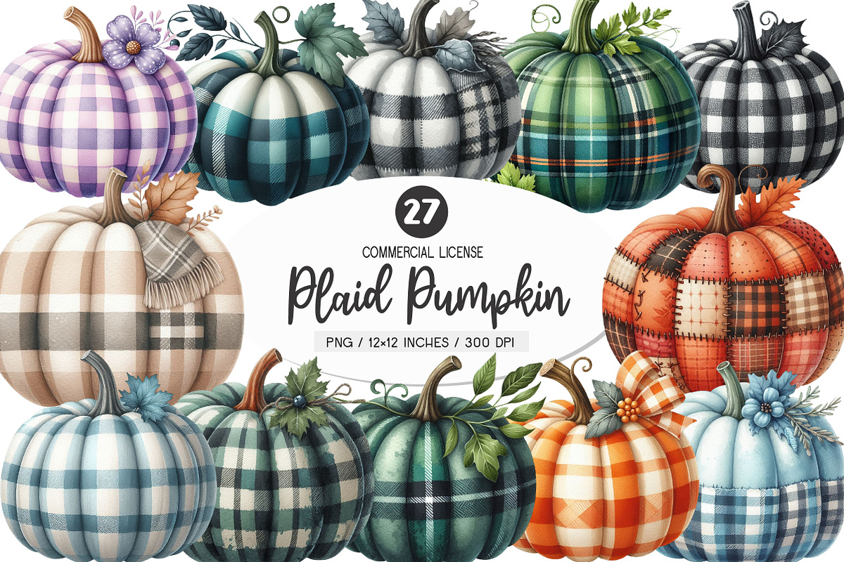 Plaid Pumpkin Clipart Set, an Illustration by SinaCreation (Photo 1 of 4)