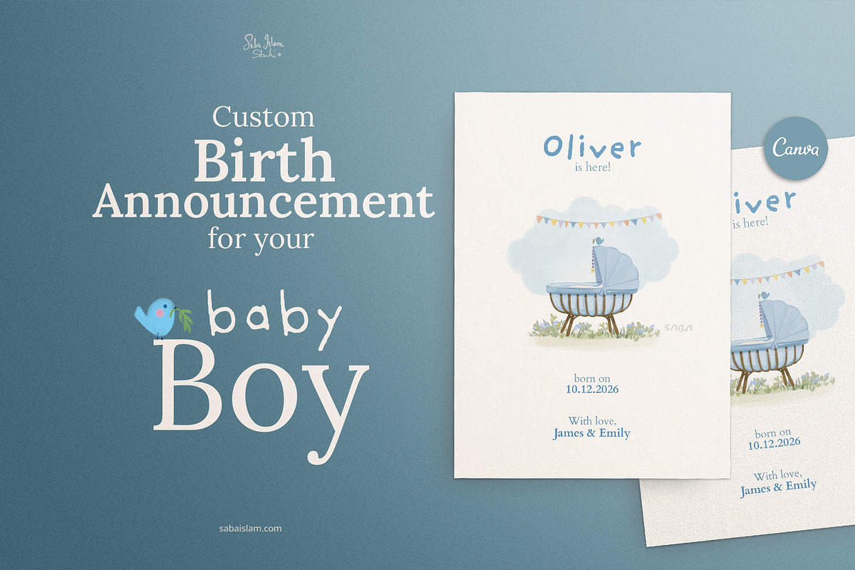 Minimal Birth Announcement Template, a Card Template by SabaIslam.Studio (Photo 1 of 8)