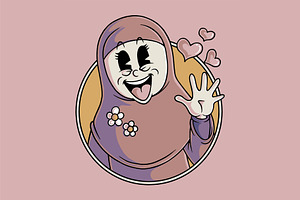 Retro Cartoon Cute Hijab Girl Waving, an Object Graphic by Judsart