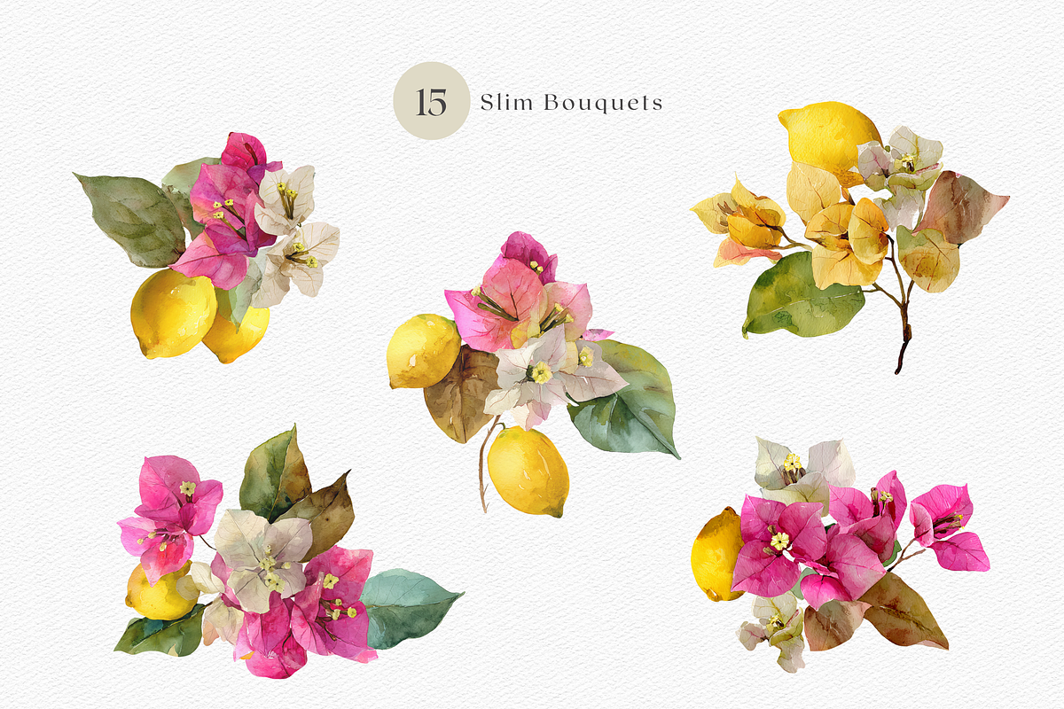 Watercolor Bouganvilleas and Lemons, a Decorative Illustration by ThaismotaCreativeCo (Photo 4 of 11)