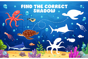 Find a correct shadow of sea animals, an Animal Illustration by Vector Tradition